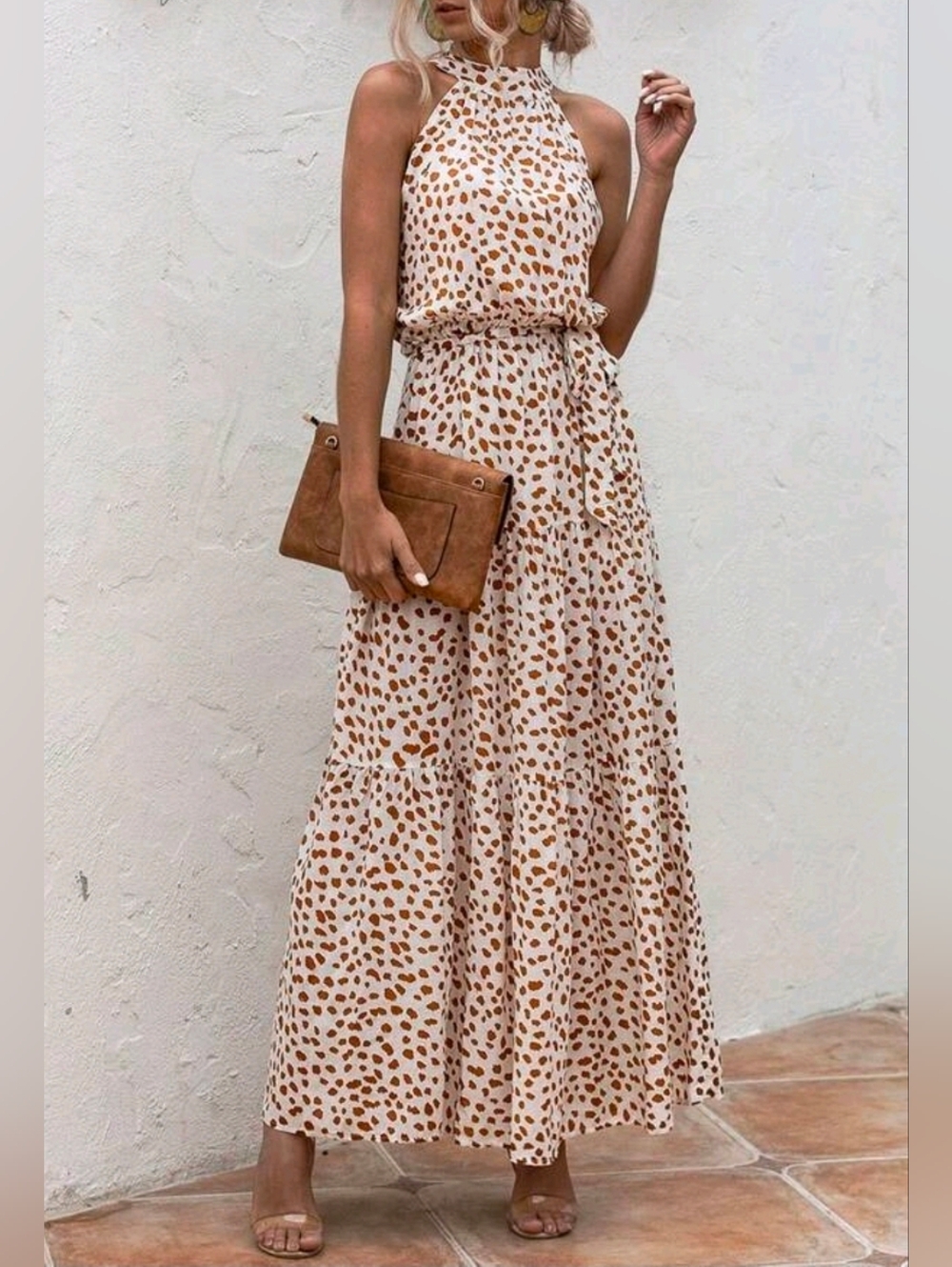NEW Chic Dot Print Tiered Ruffle Halter Maxi Dress Off White Brown